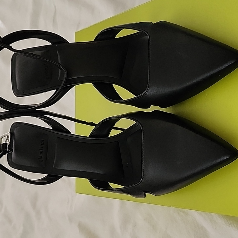 Black ankle strap pumps with ombre acrylic heel